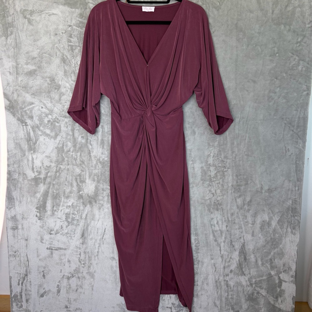 Pink Lily Midi Dress Womens Medium Purple Twist Front Slit Kimono Sleeve Elegant